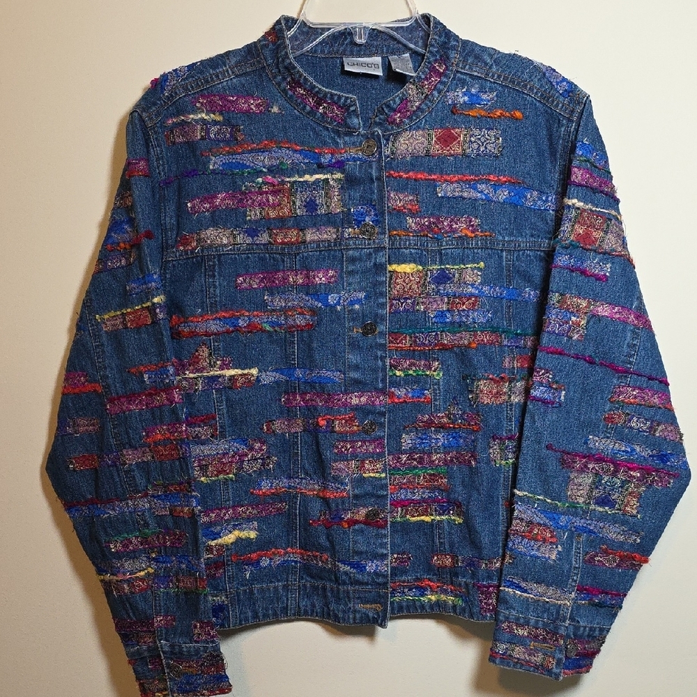 Chico's Multicolor Embroidered Denim Jacket! Size 3. Gorgeous!